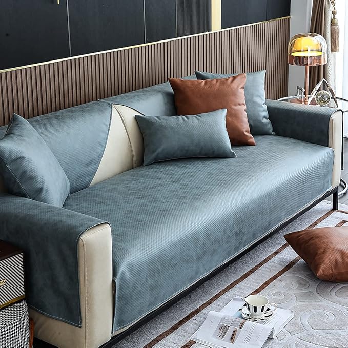 Faux Leather Waterproof Couch Sofa Cover Vintage PU Sectional Couch Cover Non Slip Sofa Slipcover Furniture Protector for Kids Dogs Cats (Blue,36"x94") by WelcometoXSlive