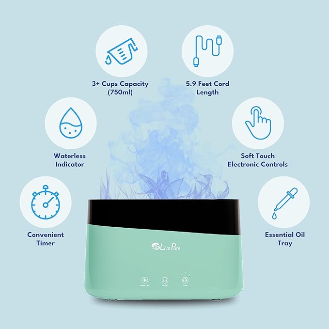 LivePure LP300HUM Aqua Flame Cool Mist Humidifier – Small Ultrasonic Plant Humidifier Indoor with Essential Oil Diffuser – Dorm Essentials, Apartment, Desks & Home Office Taupe - 0.20 Gal/ .75L - Image 2