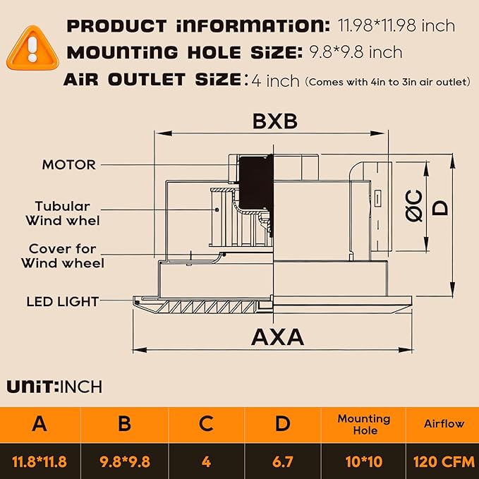 Upgrade 12" Ultra Quiet Bathroom Exhaust Fan with 3000-6000K LED Light, 1.0 Sone 120 CFM, 10x10 Mount, 1500 LM Ceiling Ventilation Fan, Energy Efficient (12in Metal Dimmable Light) - Image 8