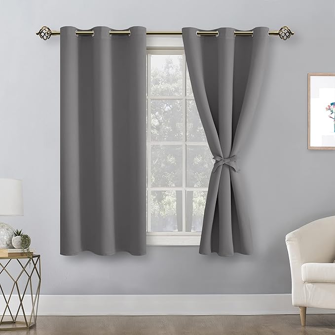 Hiasan Blackout Curtains for Bedroom - Thermal Insulated & Light Blocking Window Curtains for Living Room, 2 Drape Panels Sewn with Tiebacks, Light Grey, 42 x 54 Inch - Image 2