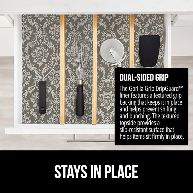 GORILLA GRIP DripGuard Shelf Liner, Non-Adhesive Drawer and Kitchen Cabinet Protector, Strong Grip Slip Resistant Underside, Smooth Surface Liners for Cabinets Bathroom Closets 17.5x240 In Beige Cream - Image 4