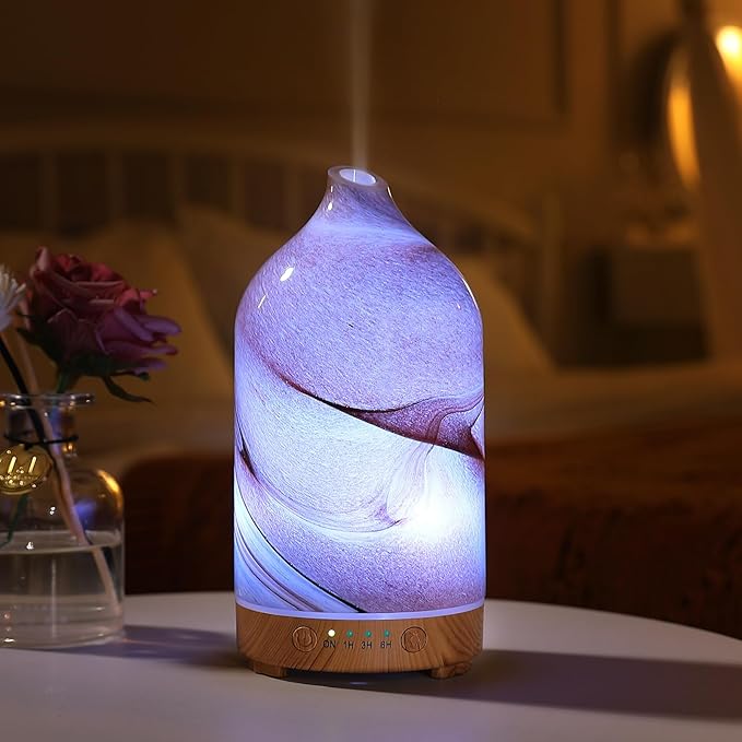 Essential Oil Diffuser Hand Blown Glass Aromatherapy Diffuser - Ultrasonic Cool Mist Scent Aroma Diffuser, Whisper Quiet with Auto Shut-Off, Timer Setting &7 Colors Night Light for Home - Image 8