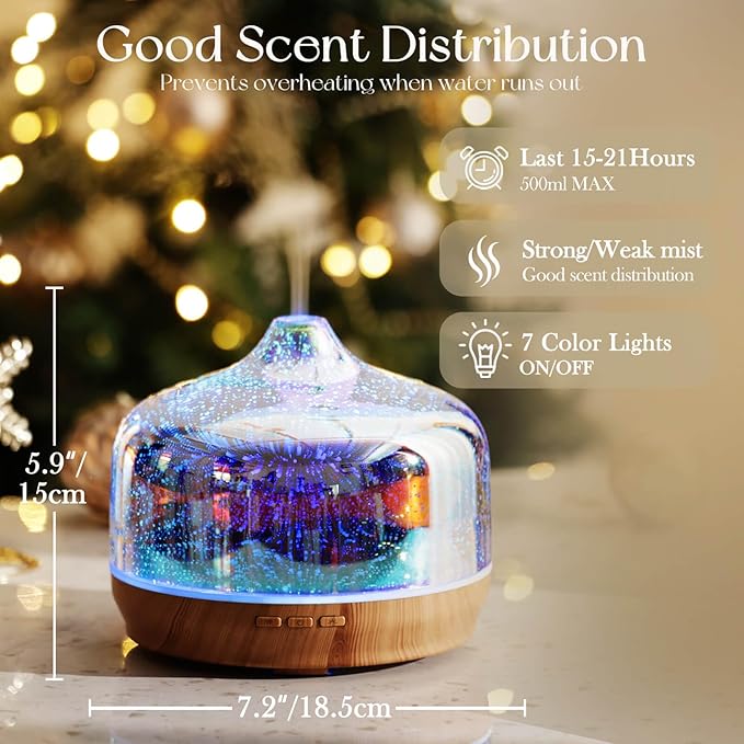 Porseme 500ml Essential Oil Diffuser 3D Glass Aromatherapy Ultrasonic Humidifier - Auto Shut-Off, BPA Free for Home Hotel Yoga Gift - Image 3