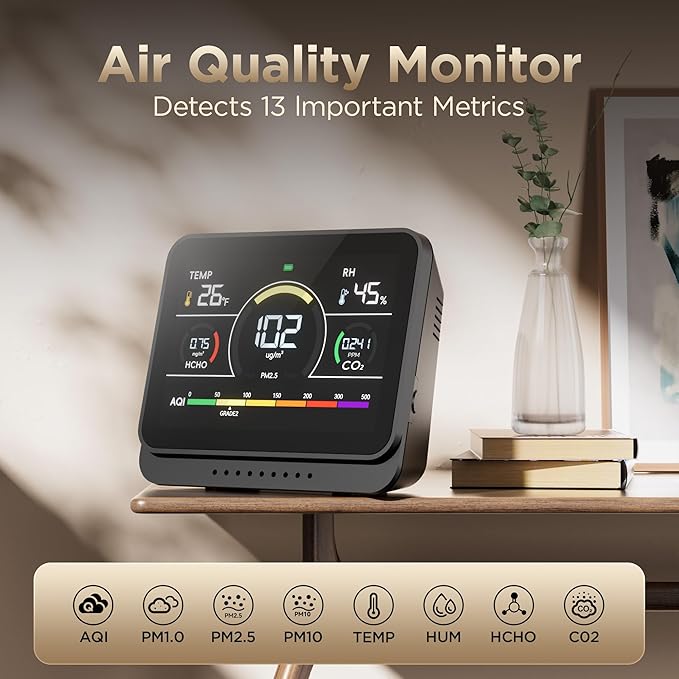 Xoopon Professional 13-in-1 Indoor Air Quality Monitor 6AQI with Alert and Buzzers PM1.0 |PM2.5 |PM10 |HCHO |CO2 |Humidity |Temperature, Portable Easy to Use for Car Office (Ink Black) - Image 2