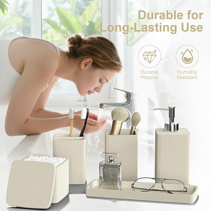Beige Bathroom Accessories Set 5 Pieces, Resin Toothbrush Holders Set Complete with Soap Dispenser, Toothbrush Holder, Vanity Tray, Bathroom Tumbler and Qtip Holder for Small Spaces - Image 3