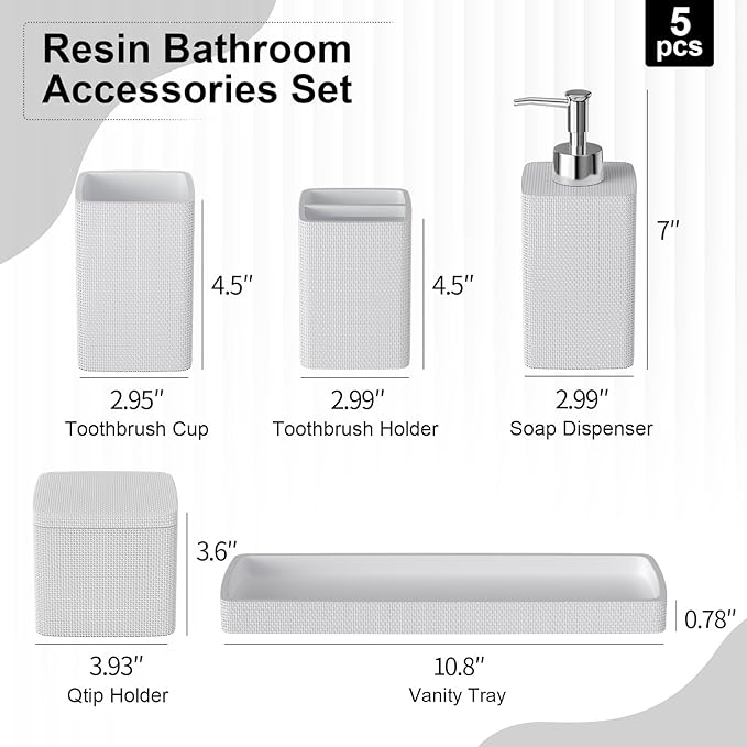 White Bathroom Accessories Set 5 Pieces, Resin Toothbrush Holders Set Complete with Soap Dispenser, Toothbrush Holder, Vanity Tray, Bathroom Tumbler and Qtip Holder for Small Spaces - Image 7