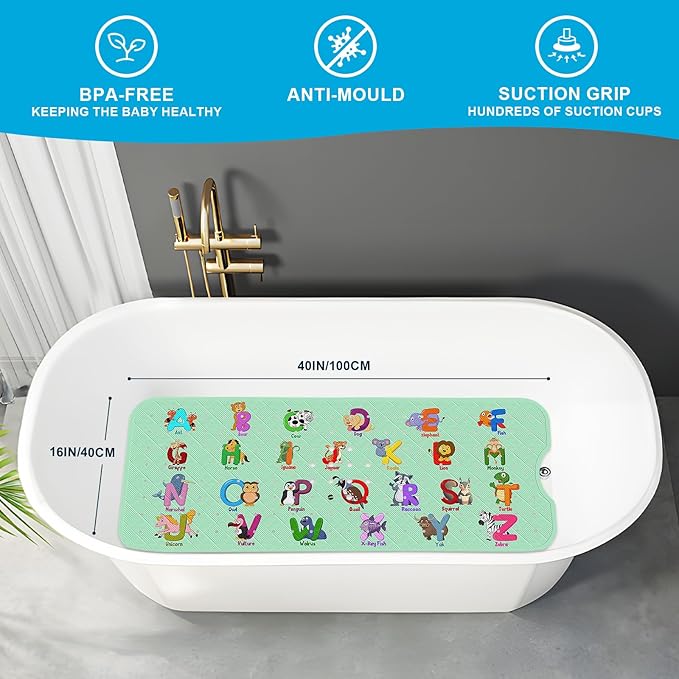 XIYUNTE Baby Bath Mat for Tub Non Slip Kids Bath Mat - 40''x16'' Extra Long Cartoon Bathtub Mat Non Slip Kids Shower Mat Eco-Friendly Toddler Bath Mats with Suction Cups, Machine Washable - Image 2