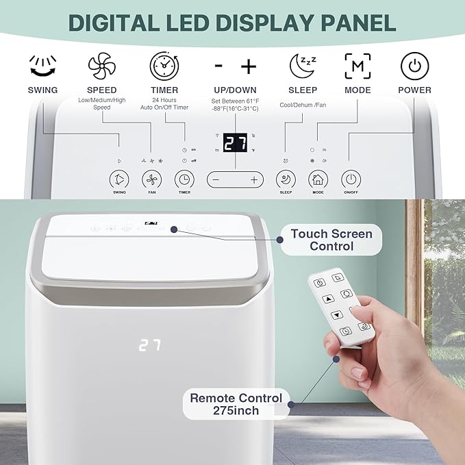 Quiet 12000 BTU Air Conditioner Portable for Room up to 550 Sq.Ft, 3 in-1 Floor Standing AC with Dehumidifier & Fan Mode, Sleep Mode, 24H Timer & Easy Window Installation Kit - Image 6