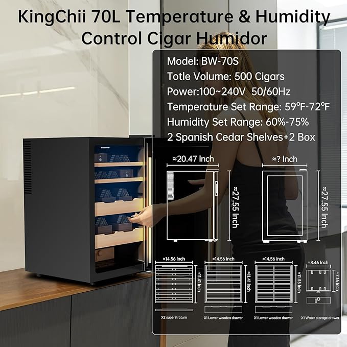 KingChii Upgrade 70L Temperature & Humidity Control Cabinet, Built-in Humidification System with Spanish Cedar Wood Shelves & Drawer Hygrometer Father's Day Gifts For Men - Image 6