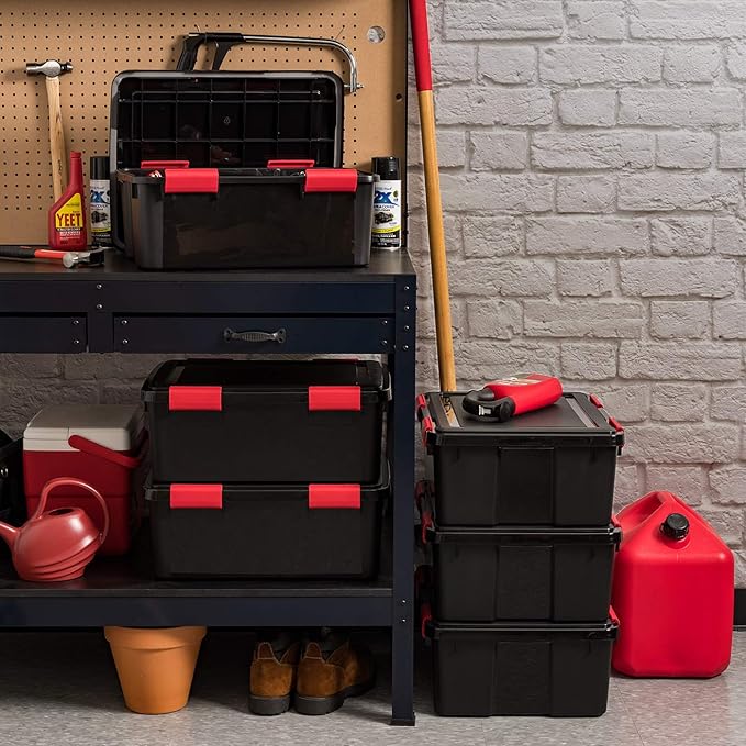 IRIS USA WeatherPro 31 Qt Storage Bins with Lids, 4 Pack, BPA-Free Plastic Gasket Box with Tight Latch and Seal, Stackable Nestable Tote Tub - Black/Red - Image 7
