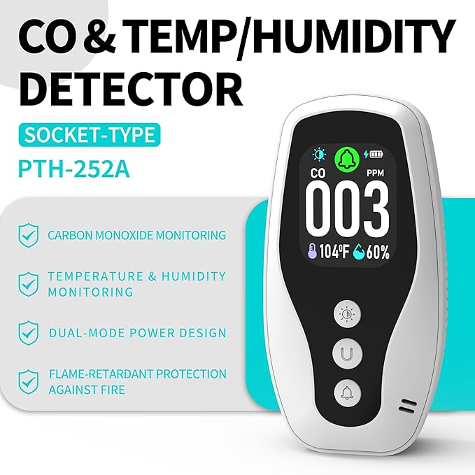 Protmex 3 in 1 Carbon Monoxide Detector and Temperature Humidity Monitor - Socket-Type Plug-in Alarm with Dual Power Modes & Flame Retardant, for Home, Bedroom, Office Safety - Image 2
