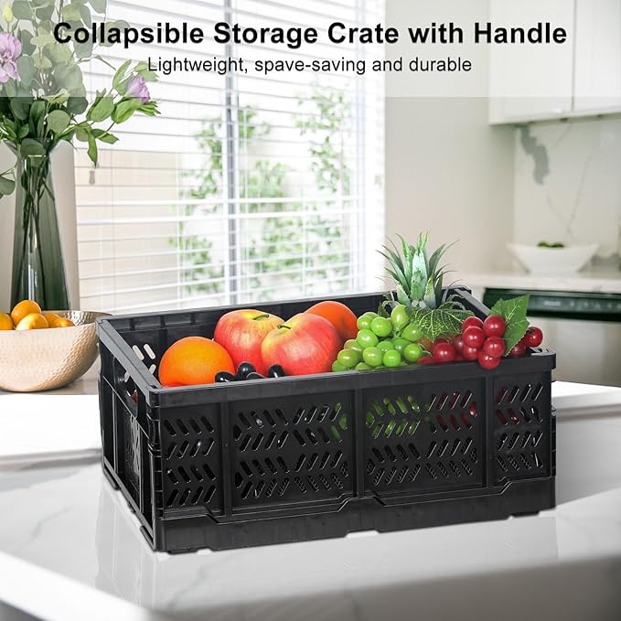 Heavy Duty Plastic Milk Crates for Storage, 4-Pack Stackable Storage Bins for Organizing, Collapsible Storage Basket with Handle for Groceries, Suitable for Home Office School Store, Black - Image 2