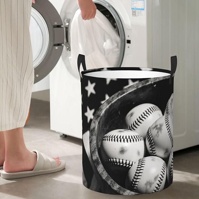 Vintage Baseballs Retro Flag Display Design Round Laundry Hamper Bag - Water-Resistant Oxford Fabric, Handles Small - Image 7