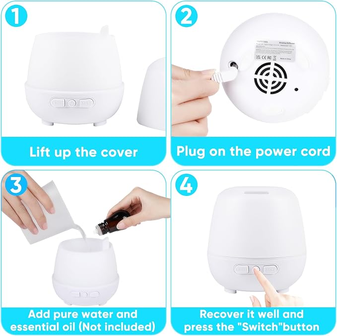 HAPPTWS 220ml Essential Oil Diffuser, Upgraded Diffusers for Essential Oils Aromatherapy Diffuser Cool Mist Humidifier with 7 Colors Lights 2 Mist Mode Waterless Auto Off for Home Office Room - White - Image 6