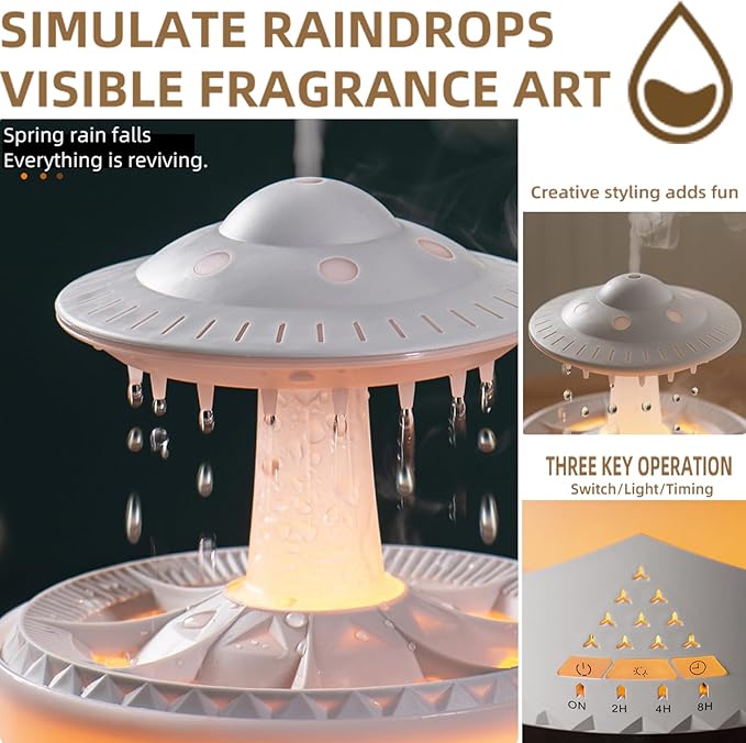 Raindrop Humidifier for Bedroom Large Room -Air Humidifiers and Aromatherapy Diffuser,Ultrasonic humidifier,Quiet humidifier with Ambient Light & 4 Timer,Waterless Auto Off (No remote control) - Image 5