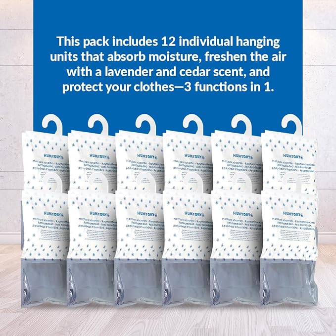 HUMYDRY Hanging Moisture Absorber Bags, 12 Count Lavender and Cedar 15.9 Oz, Dehumidifiers for Closets Wardrobes Storage Areas, Non Electric Humidity Absorbers for Small Enclosed Spaces - Image 3