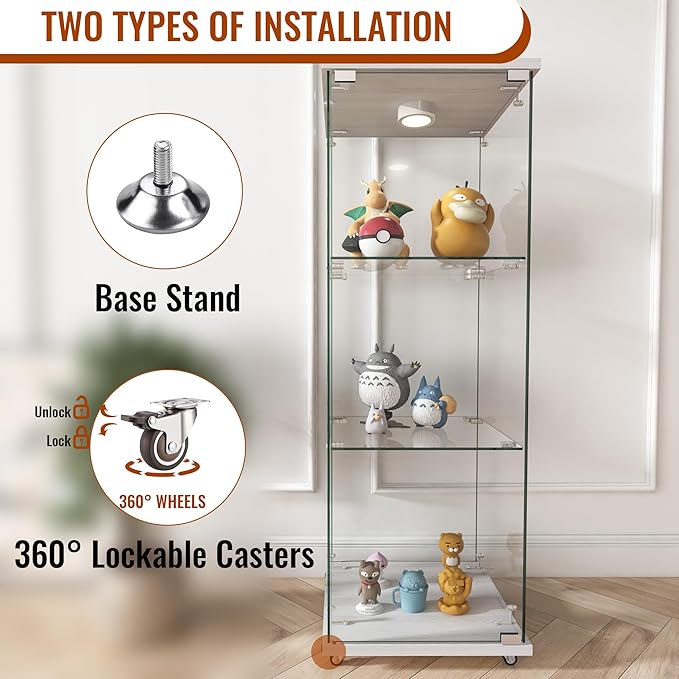 Yoluckea 3-Tier Glass Display Cabinet with LED Lighting, 1-Door Floor Standing Curio Cabinet with Universal Wheel for Home, Office, or Corner Display, White Glass Bookshelf for Collections and Decor - Image 5