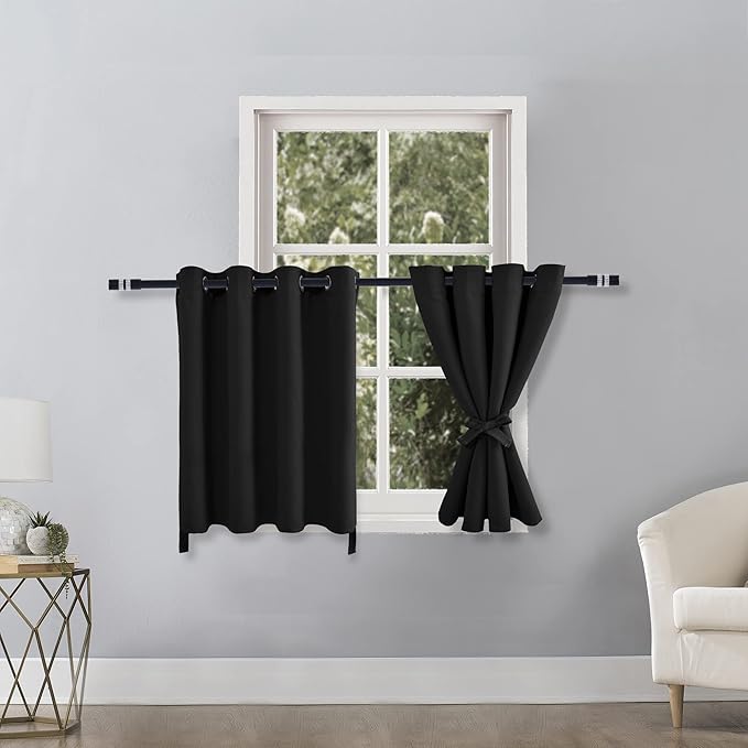 Hiasan RV Blackout Curtains for Bedroom, 52 x 30 Inches Long - Thermal Insulated & Light Blocking Window Curtains for Living Room, 2 Drape Panels Sewn with Tiebacks, Black - Image 2