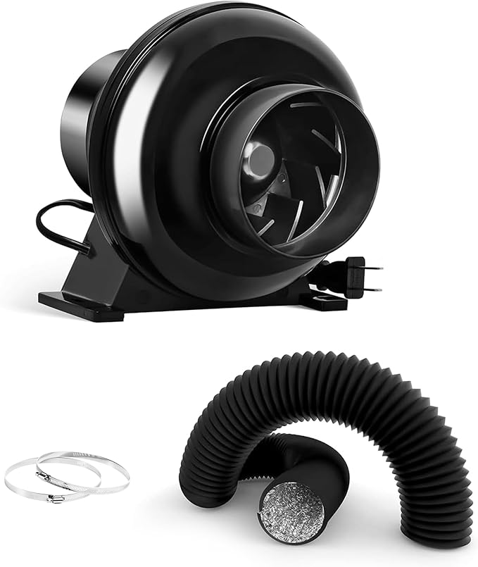 iPower 4 Inch Upgrade Inline Duct Ventilation Fan with 8 Feet Ducting, 195 CFM Exhaust Blower for Grow Tent and Basements, 2 Clamps Included, Black by iPower