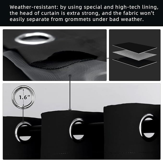 Waterproof Outdoor Curtain W105 x L84 - Grommet Top Sunlight Blocking Window Treatment Drapes Blackout Curtains for Home Bedroom Living Room Outdoor Patio Porch Pergola Cabana Gazebo (Black, 2 Panels) - Image 3