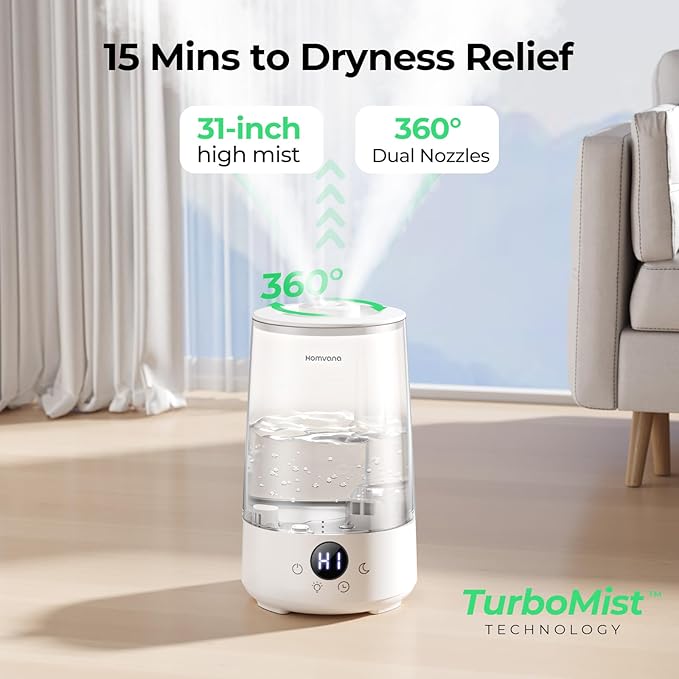 Homvana Humidifiers for Bedroom Home, 3.6 L Cool Mist Top-Fill 34H Super Long Time, Quiet 23dB, Baby Humidifier, Oil Diffuser for Large Room, House, Plant, Nursery, BPA FREE, Ultrasonic (Transparent) - Image 3