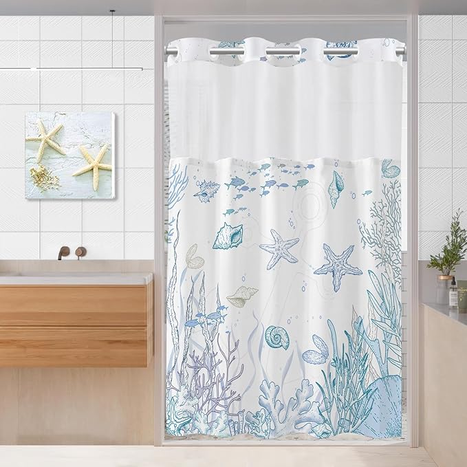 Stall No Hook Shower Curtain with Snap in Liner, Beach Ocean Nautical Coastal Shower Curtains and Liner Set for Bathroom, Seashell Fabric Bath Curtain, Waterproof Washable, Blue 54" x 80" by TWLSNCD