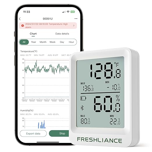Freshliance Bluetooth Temperature Humidity Data Logger Recorder, Refrigerator Freezer Thermometer Hygrometer, Digital Remotely Temperature Humidity Monitor with Smart APP Data Analysis, BlueTag TH20 by FRESHLIANCE