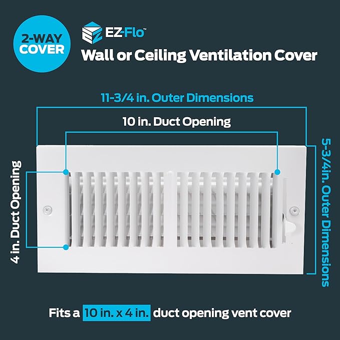 EZ-FLO 10 x 4 Inch (Duct Opening) Air Vent Cover for Wall or Ceiling, Two-Way Ventilation Register, Solid Steel HVAC Register Cover, White, 61609 - Image 2