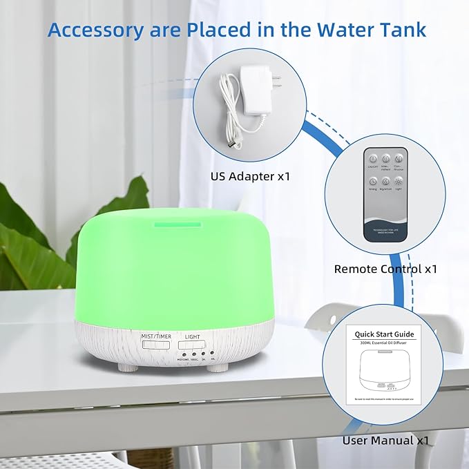 300ML Essential Oil Diffuser, Cool Mist Air Aromatherapy Oil Diffuser with Remote Control, 8 Hour Quiet Home Diffuser, 7 LED Light Colors, Timer,for Small Rooms Bedrooms. - Image 5