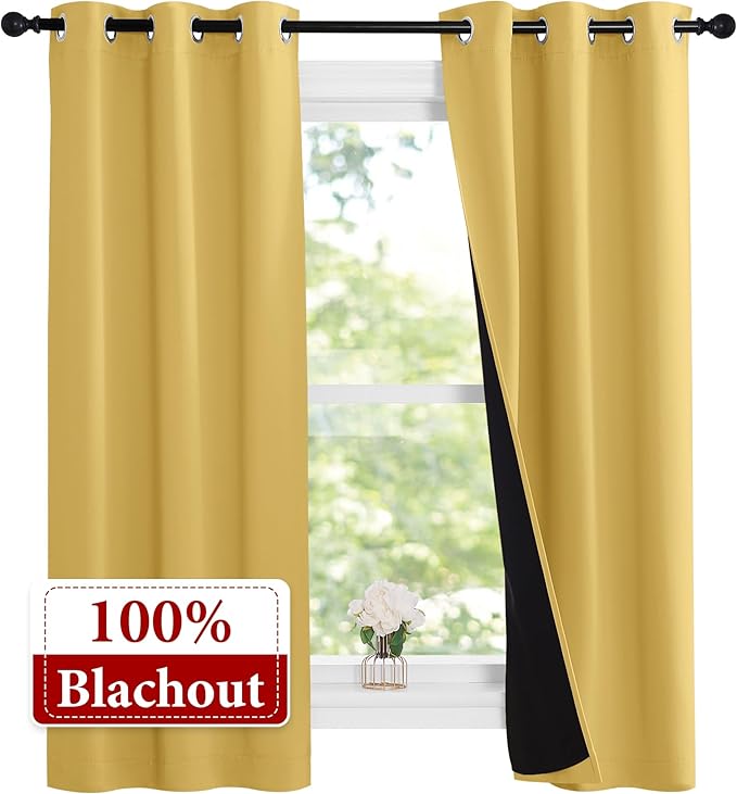 NICETOWN 100% Blackout Short Curtains with Black Liners, Thermal Insulated Full Blackout 2-Layer Lined Drapes, Energy Efficiency Window Draperies for Bedroom (2 Panels, 37" W by 63" L, Bright Yellow) - Image 2
