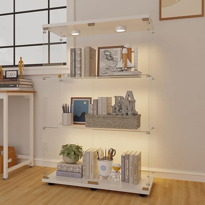 Yoluckea 3-Tier Glass Display Cabinet with Paipai Light, 2-Door Floor Standing Curio Cabinet with Adjustable Floor Feet for Home Office Corner Display, White Glass Bookshelf for Collections and Decor - Image 6