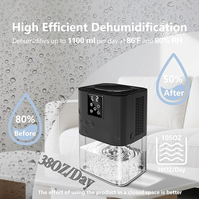 Dehumidifiers for Home,with 105 OZ Water Tank (1000 Sq Ft), Quiet Dehumidifier for Bedroom, Basement, Bathroom, with Auto Shut Off, 7 Colors LED Light (Black) - Image 3