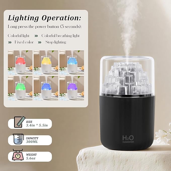 Portable Mist Humidifier with Colorful Light Auto-Off USB Desktop Personal Humidifiers 2 Cool Spray Modes 300ml for Bedroom Office Car Travel Black - Image 5