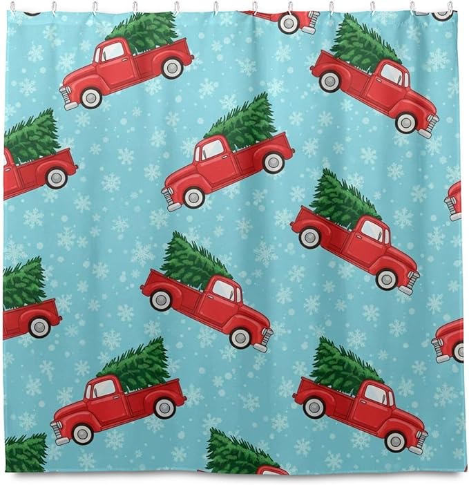 Car Christmas Tree Blue Shower Curtain Liner 72×72 inch for Bathroom Curtain Anti Mold Shower Curtain with Hooks Shower Accessories - Image 2