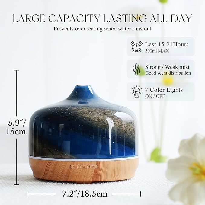 Porseme 500ml Glass Essential Oil Diffuser Aromatherapy Ultrasonic Cool Mist Humidifier 15-21 Running Hours Waterless Auto-Off Air Diffusers for Sleeping Yoga Office Working Spa and Rest (Galaxy) - Image 3