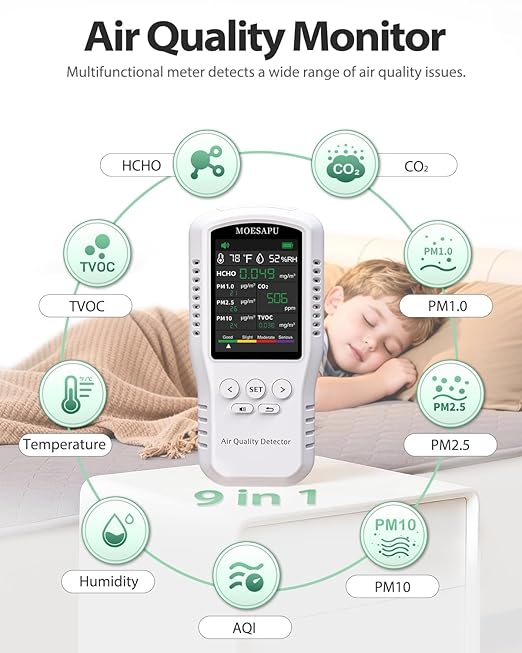 9-in-1 Air Quality Monitor, HCHO TVOC CO2 PM10 PM2.5 PM1.0 Detector, Formaldehyde Alarm, Particulate Matter Tester, Carbon Dioxide Meter, AQI with Temperature Humidity Reader in Home - Image 2