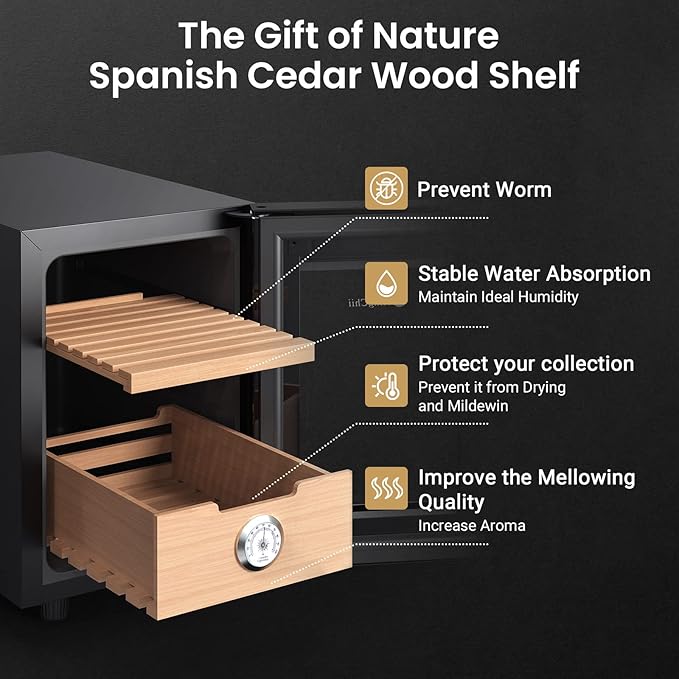 KingChii 16L Electric Cigar Humidors with Temperature Control System, Cigar Cabinet with Spanish Cedar Wood Shelves & Hygrometer, Father's Day Gifts for Men (2 Layers 100 Capacity) - Image 4