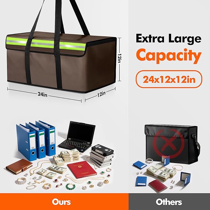 Large Fireproof Document Bags 24x12x12in, Fireproof Document Box for Cash, Photo Albums, Valuables, Extra Large Fireproof Bag Waterproof Document Storage with Reflective Strip, Brown - Image 2