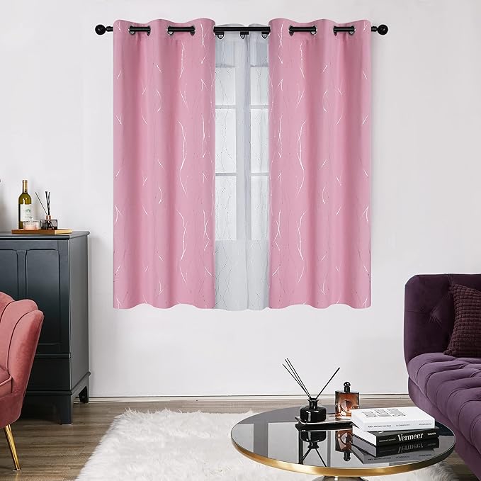 Deconovo Short Blackout Curtain, Pink Curtain, Thermal Insulated Soundproof Grommet Drapes, Wave Line Dot Foil Print, 38 x 54 Inch, 2 Panels, Machine‑Washable Window Panel for Small Windows Kitchne - Image 2