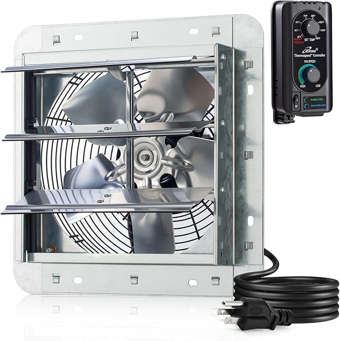 iLiving 10" Wall Mounted Shutter Exhaust Fan, Automatic Shutter, with Thermostat and Variable Speed controller, 65W, 820 CFM, 1200 SQF Coverage Area Silver (ILG8SF10V-ST) by iLiving
