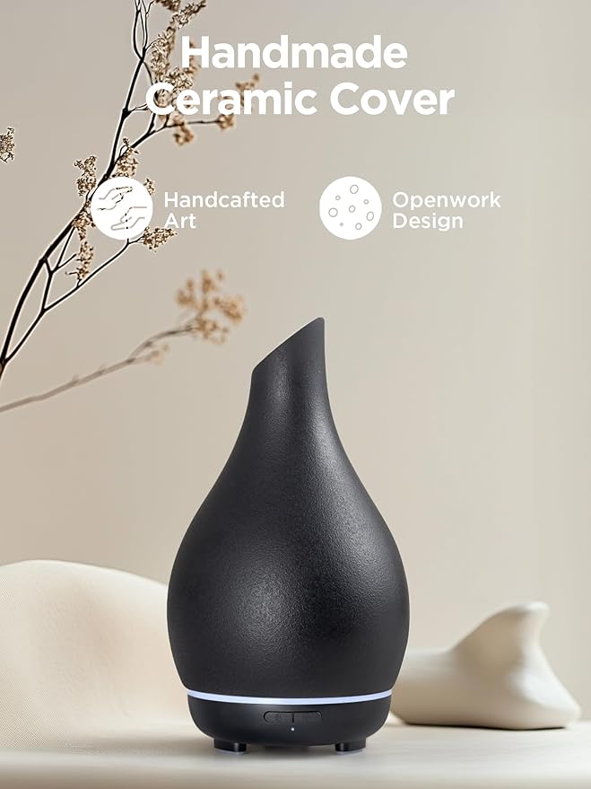 InnoGear Essential Oil Diffuser, 150ml Ceramic Diffuser Handcrafted Stone Aromatherapy Diffusers Ultrasonic Cool Mist Humidifier Vaporizer 2 Mist Modes Waterless for Home, Black Vase-Shaped Ceramic - Image 6