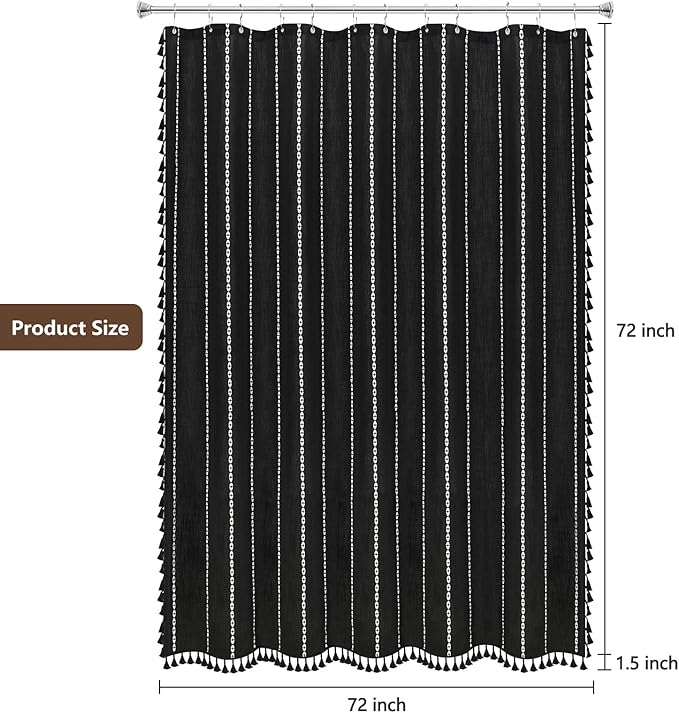 Country Farmhouse Shower Curtain Heavyweight with Tassels, Soft Linen Textured Thick Fabric Shower Curtain Black White Striped, 72 x 72 Inch Vintage Boho Bathroom Shower Curtain Water Repellent - Image 7