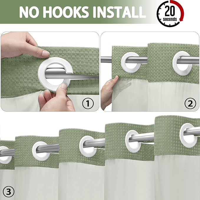 No Hook Shower Curtain and Liner Set,Sage Green Hotel Waffle Shower Curtain with Liner 75" L x 72" W,White Ring - Image 2