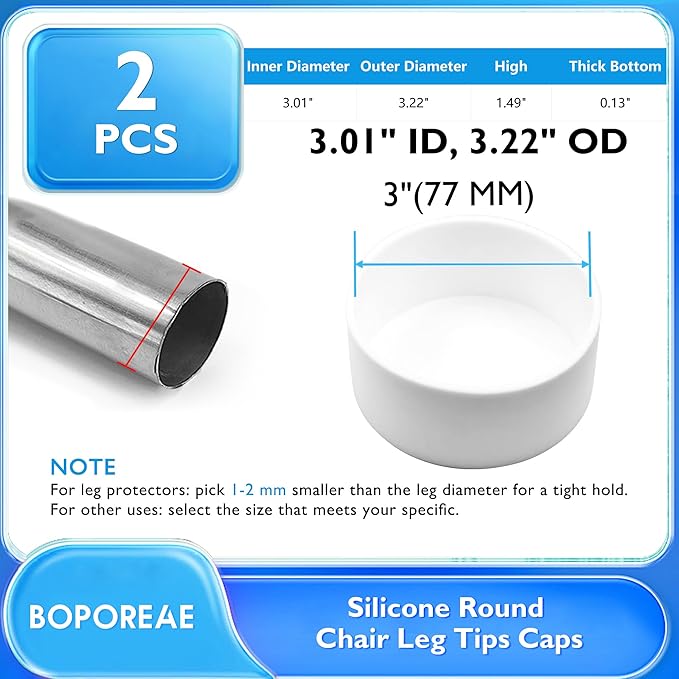 2 Pcs 3" (77 mm) Round Chair Leg Tips Caps, Silicone Rubber Furniture Leg Floor Protectors, Reduce Noise Folding Metal Chair Leg Cap Replacement for Bar Stool Leg Patio Indoor, White - Image 9