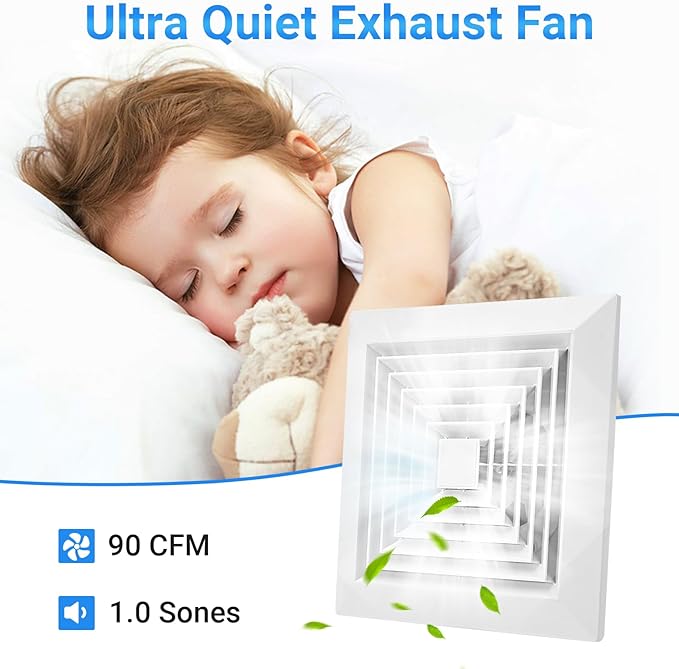 FEITON 90 CFM Bathroom Fan Exhaust Fan Ceiling Mount, 25W, 110V, 0.95 Sones, Square Quiet Ventilation, 4-in Duct, 8" x 8" Mounting Hole - Image 5