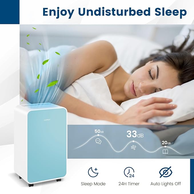COSTWAY 2500 Sq. Ft Dehumidifier for Basement, 32 Pints Portable Quiet Dehumidifier for Bedroom Bathroom with Sleep Mode, 24H Timer, Auto Shut Off, Auto Defrost & Drain Hose (Navy) - Image 8