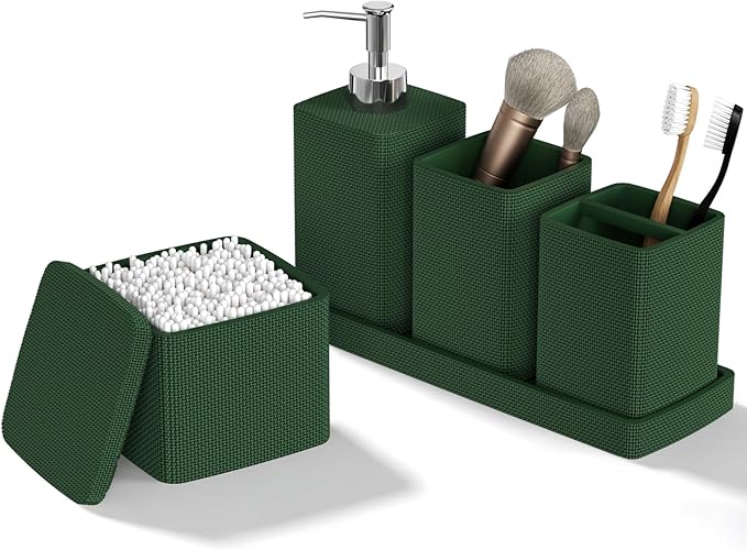 Dark Green Bathroom Accessories Set 5 Pieces, Resin Toothbrush Holders Set Complete with Soap Dispenser, Toothbrush Holder, Vanity Tray, Bathroom Tumbler and Qtip Holder for Small Spaces by LetUsMakeHomeYourFavoriteDestination