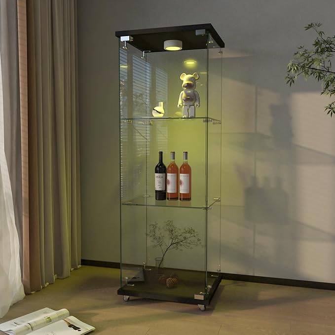 Yoluckea 3-Shelf Glass Display Cabinet with LED Lights, 1-Door Floor Standing Curio Cabinet with Universal Wheel for Home or Office, Black Glass Bookshelf for Collections, Decor, and Corner Display by Yoluckea