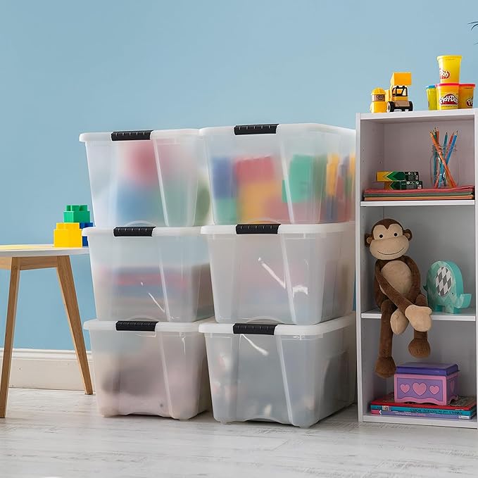 IRIS USA 40 Qt Stackable Plastic Storage Bins with Lids, 6 Pack - BPA-Free, Made in USA - Discreet Organizing Solution, Latches, Durable Nestable Containers, Secure Pull Handle - Pearl - Image 4