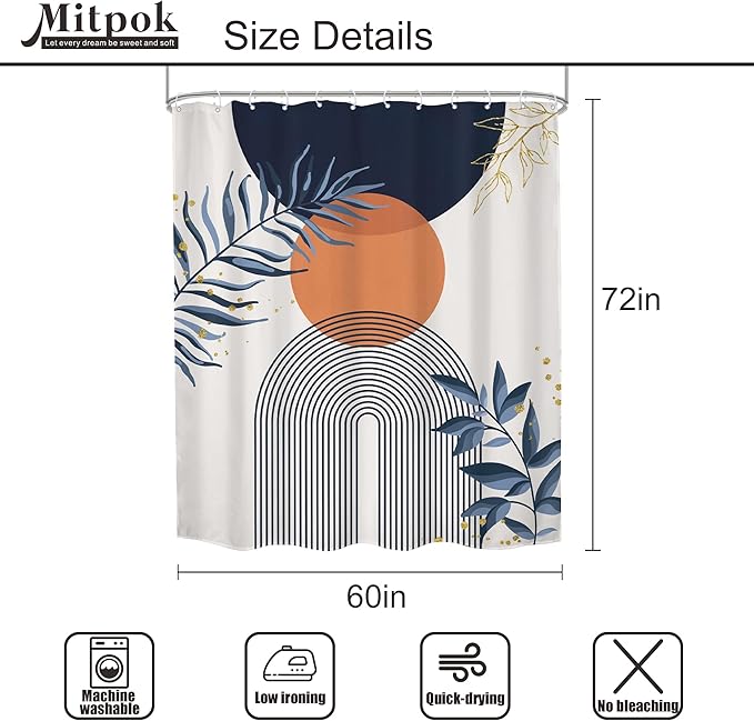 Navy Blue Boho Shower Curtain 60Wx72H Modern Abstract Bohemian Blue Gold Leaves Orange Minimalist Mid Century Plant Arch Bathroom Decor Neutral Geometric Bath Curtain Polyester 12 Pack Hooks - Image 5